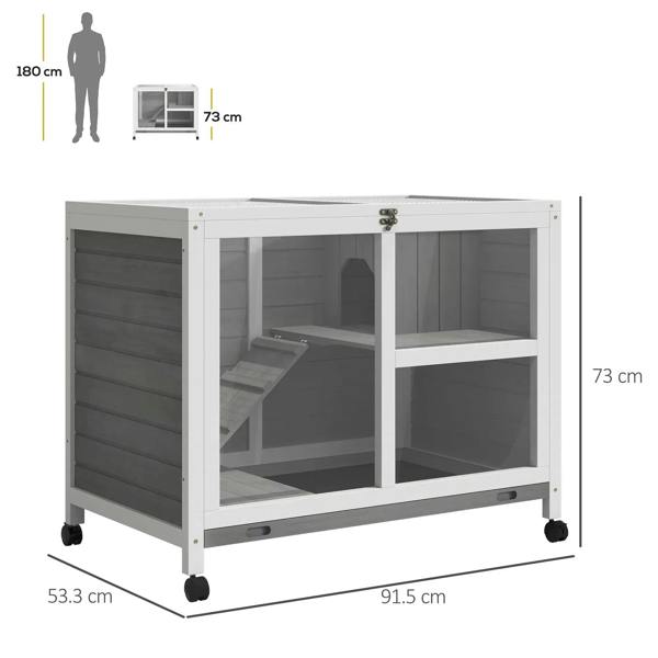 Grey wooden rabbit hutch on caster wheels, openable roof, with two-tier interior