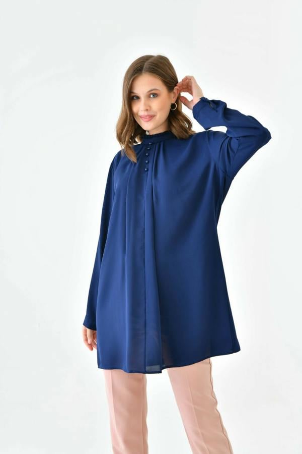 Hoxton Gal Oversized Long Sleeve Button Detailed Tunic Top in Navy