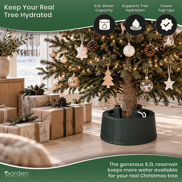 Large Trunk Christmas Tree Stand with Large Water Tank, For Trees up to 2.6m Tall, 3 Screw Clamps for 35–130mm Trunks, 6.2L Capacity, 40cm Diameter