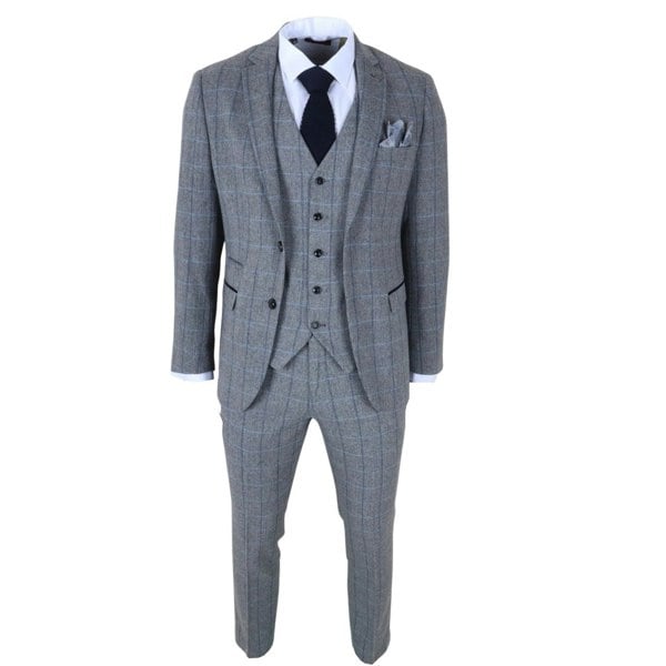 Paul Andrew Harris - Men's Grey 3 Piece Herringbone Check Tweed Suit