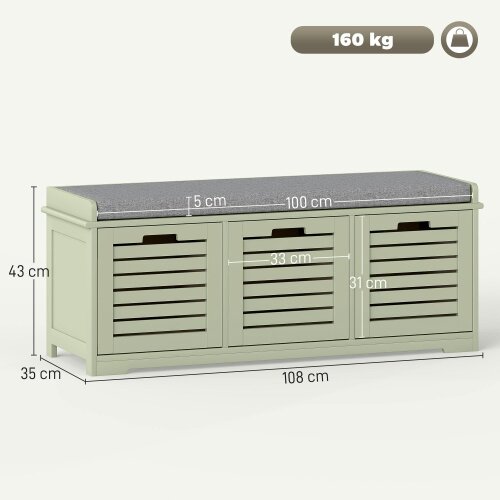 Wyld Haus Dilena Wooden Green 3 Drawer Shoe Storage Bench with Grey Padded Seat