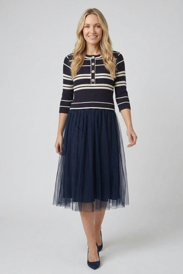 Izabel London Striped Knit Mesh Texture Midi Dress