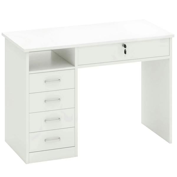 White computer desk with lockable drawer and open shelf under desktop