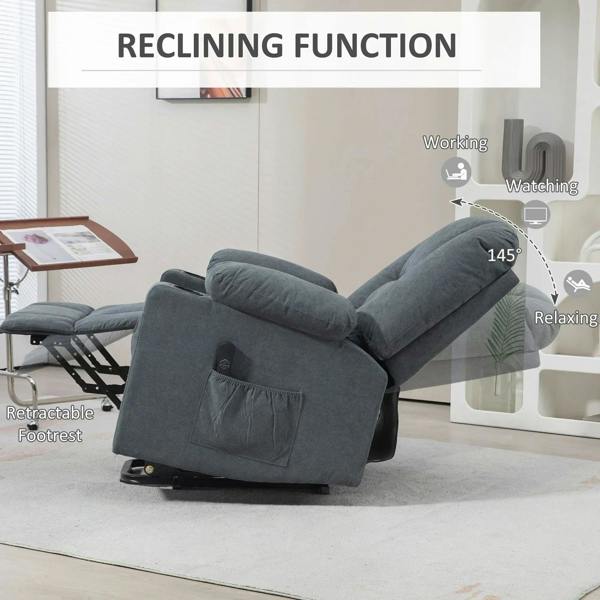Grey fabric reclining lift chair with extended footrest and cup holder opening