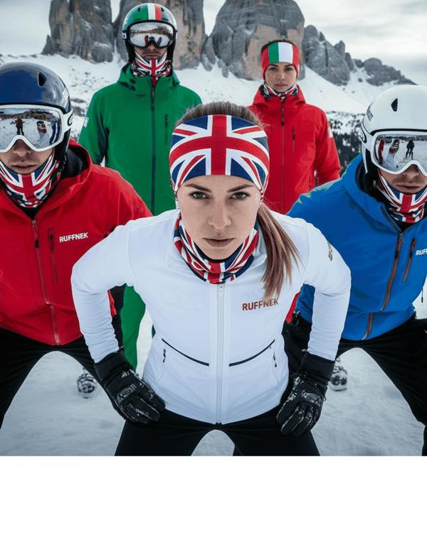 AI generated image to show Winter Olympians wearing RUFFNEK snoods and flag of italy both worn as neck gaiters and  headbands 