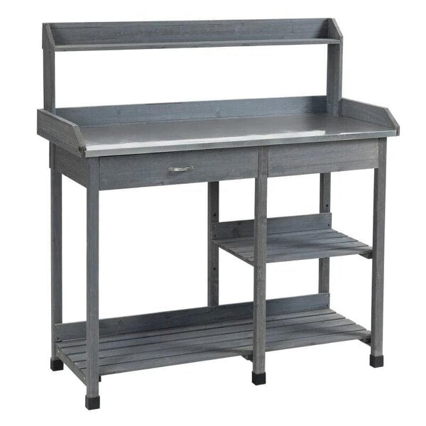 Garden Potting Table with Storage, Workbench, Metal Top, Storage Shelves & Hooks for Patio, Courtyard, Wooden