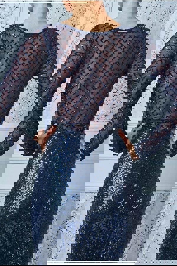 Sheer Diamond Design Sequin Maxi Dress - Navy DR2526