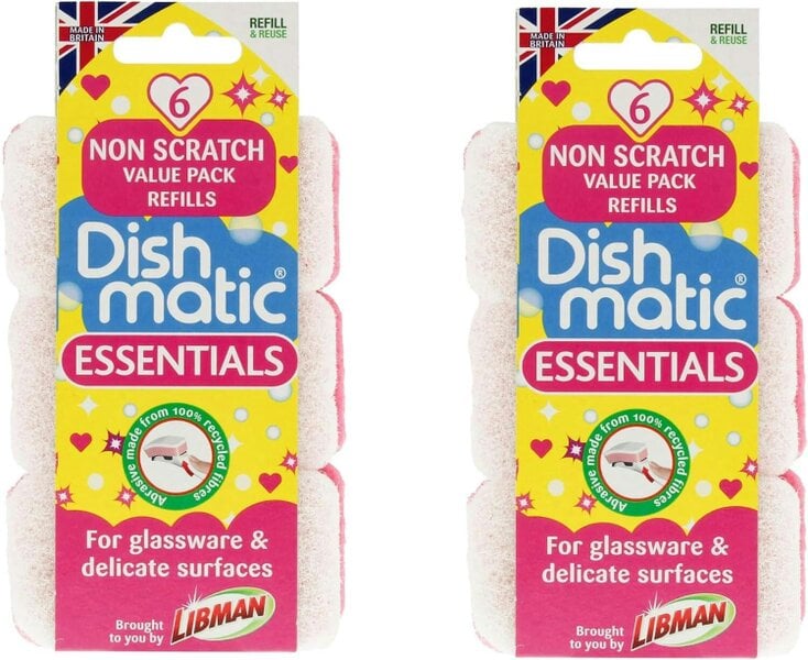 Dishmatic Essentials - Non Scratch Refills for Glassware & Delicate Surface - Pack of 2 - (12 Refills - 6 per Pack)