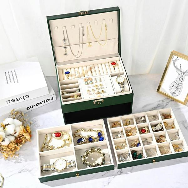 Dyzi 3 Layer PU Leather Jewellery Box Organiser with Drawers Green