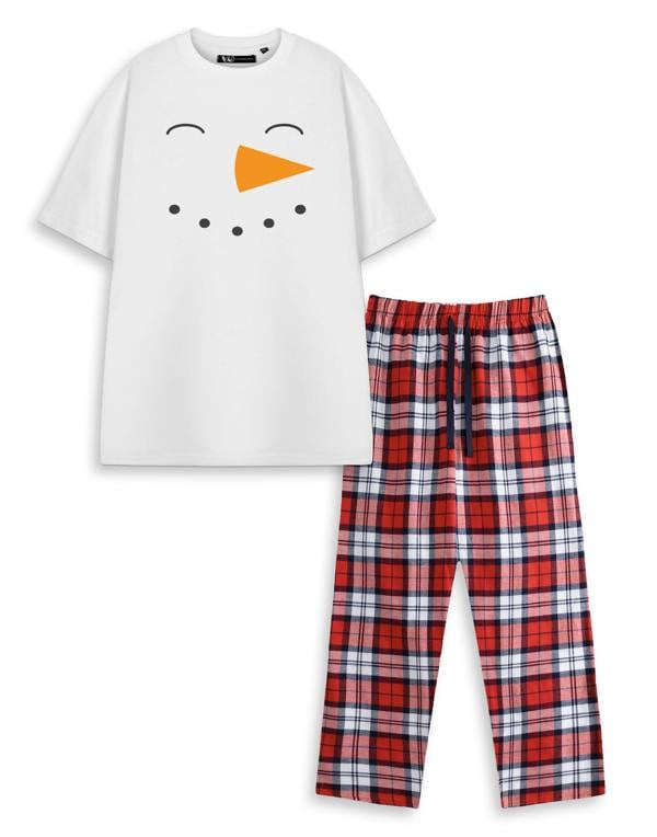 Show Me The Merch Unisex White Snowman  Short Sleeve Long Leg Pyjama Set