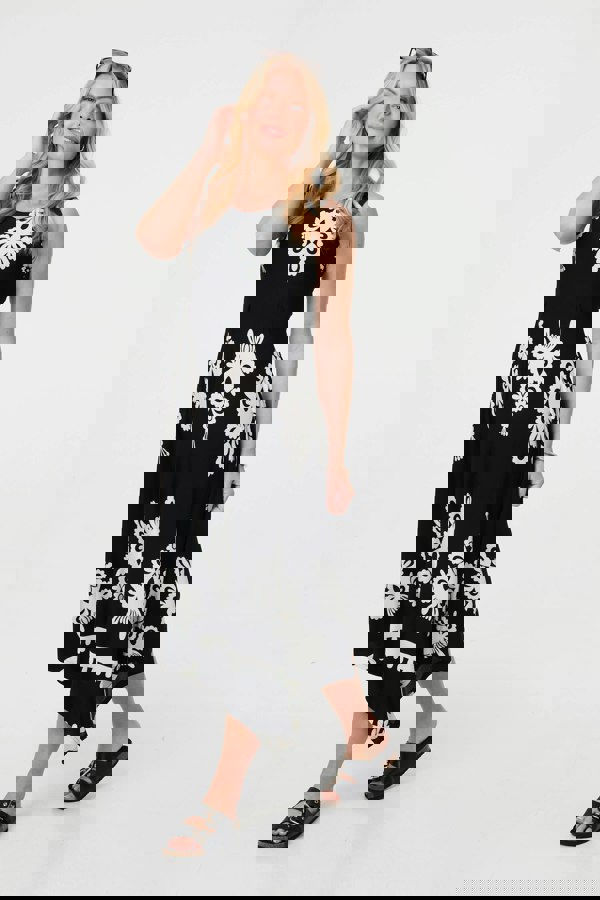 Black And White | Ikat Print Sleeveless A-Line Midi Dress
