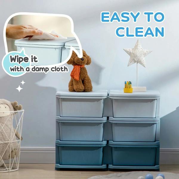 Light blue kids storage unit with wipe-clean top and six closed drawer bins