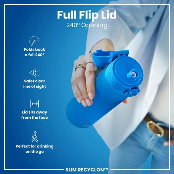 A blue water bottle with a full flip lid is being held; the lid opens 240 degrees. The context is an advertisement highlighting the bottle's features. SLIM RECYCLON™ is also shown.
