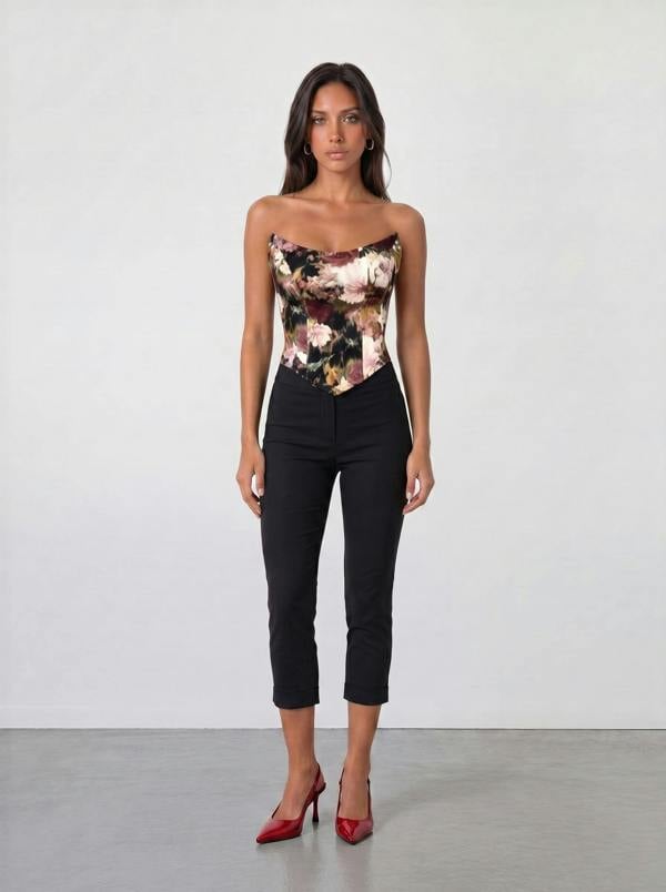A woman with long dark hair faces forward against a plain light wall, wearing the Sarvin Ivy Corset Top with a waist-cinching floral print, paired with black cropped pants and red high heels. Her expression is neutral.