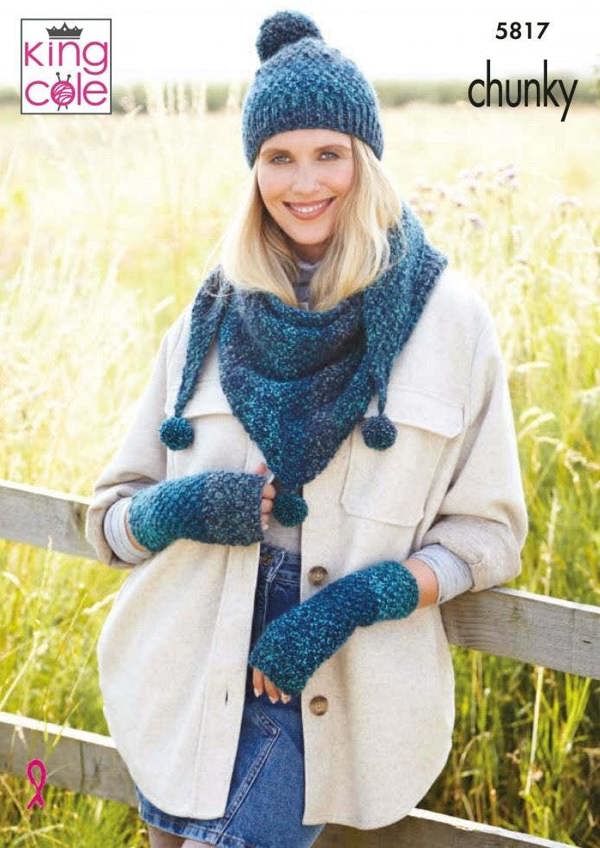 King Cole Autumn Chunky Knitting Pattern 5817, Headwear, Scarves, Wrist Warmers for Women, One Size