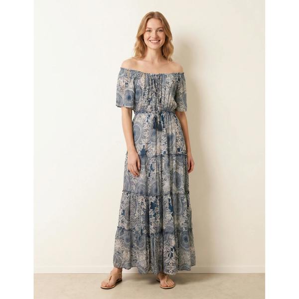 Blue Vanilla Tie Front Bardot Maxi Dress