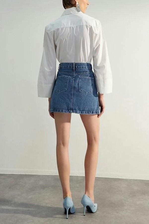 More Sustainable A-Line Mini Denim Skirt with Split Detail
