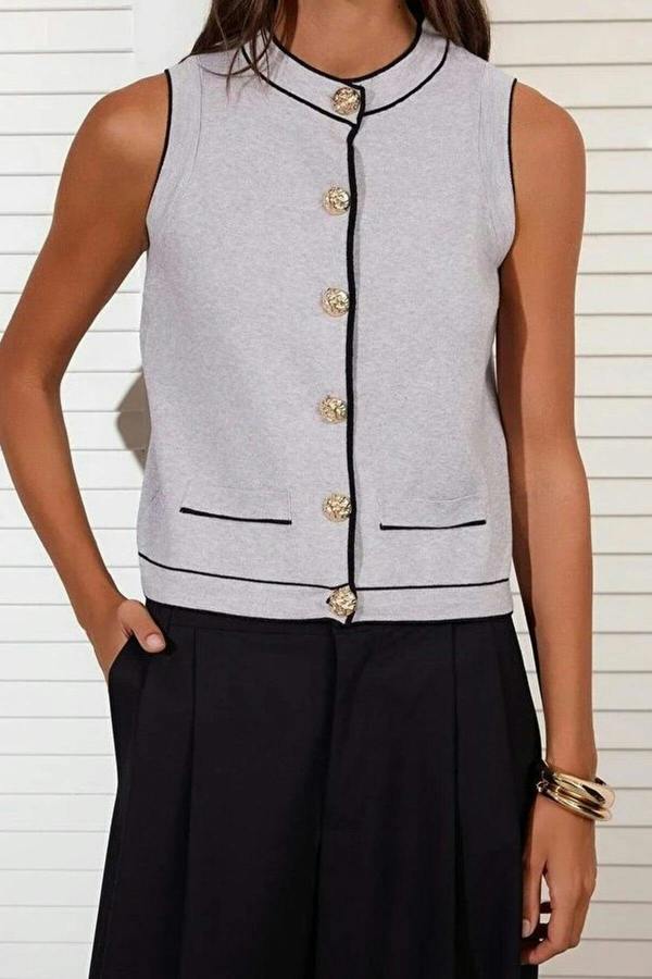 WOVCOR Crew Neck Color Block Knit Thin Blouse