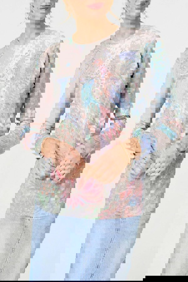 Beige | Peacock Print Diamante Studded Knit Top
