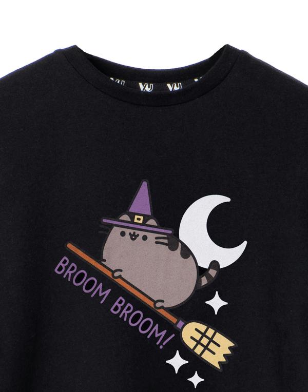 Pusheen Girls Black Halloween Broom Broom Short Sleeved T-Shirt
