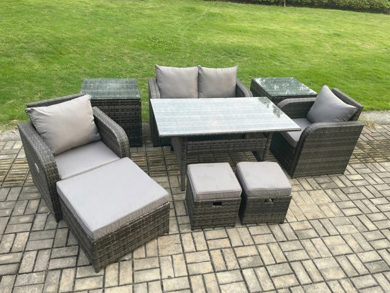Fimous Rattan Outdoor Garden Furniture Set Rectangular Dining Table and Chair Sofa Set With 2 Side Tables 3 Footstools Dark Grey Mixed