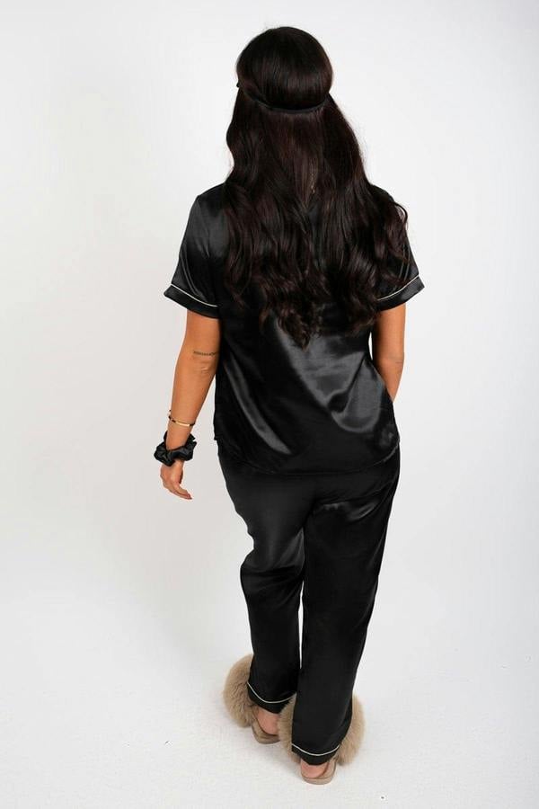 Saryna Satin Button Up Pyjama Set With Matching Eye Mask & Scrunchie - Black
