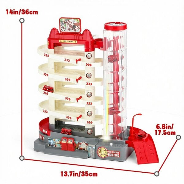 deAO Toys Fire Control Garage Toy Car Set with Sound, Lights, Electric Elevator and 8 Cars - Rescue Playset for Kids 3+