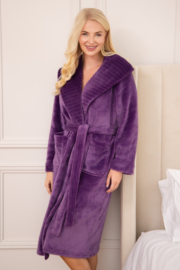 Camille Women's Supersoft Fleece Ribbed Collar Robe