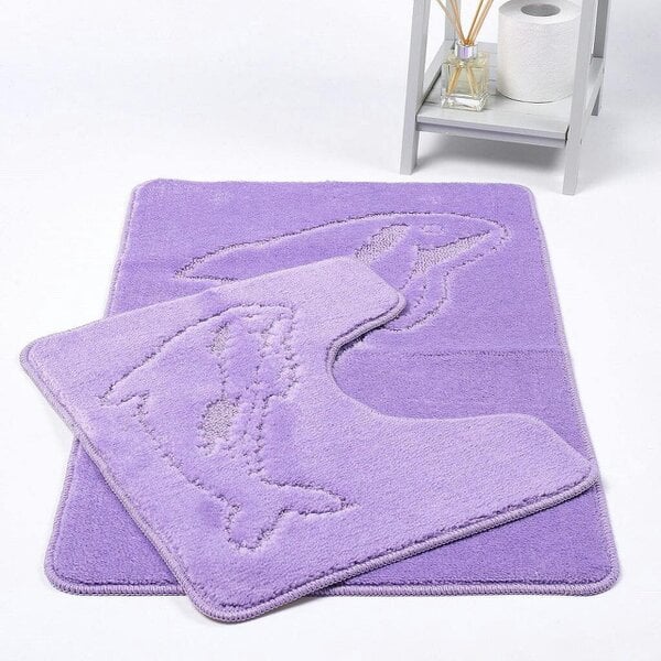 Night Zone Dolphin 2 Piece Bath Mat & Pedestal Set – Non-Slip Absorbent Bathroom Rug Set - Lilac