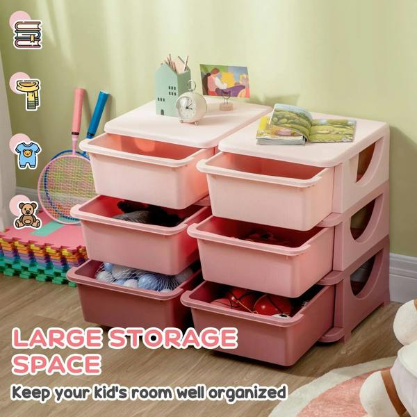 Pink kids storage unit with six bins and front cutout handles, stacked in a compact frame