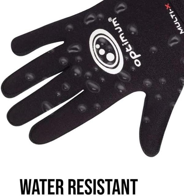 Black Optimum Multi-X glove with water droplets and Water Resistant caption highlighting the fabric - Optimum
