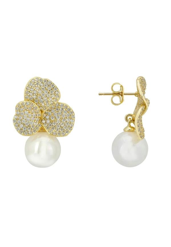 Latelita Iris Flower And Pearl Dangle Earrings Gold