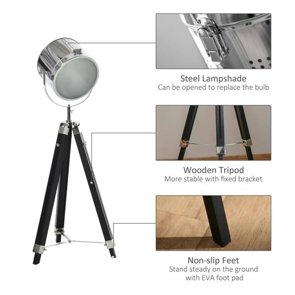 Chrome lamp head with black tripod legs, steel shade and stable base details