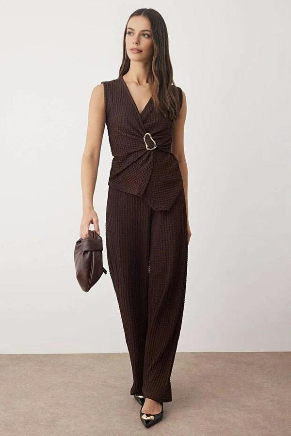 WOVCOR 2-Piece Double Breasted Textured Knit Bottom - Top Set with Accessories Detail