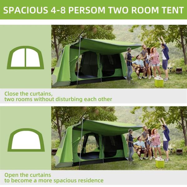 Spacious 4–8 person two-room tunnel tent with curtains closed at front and back