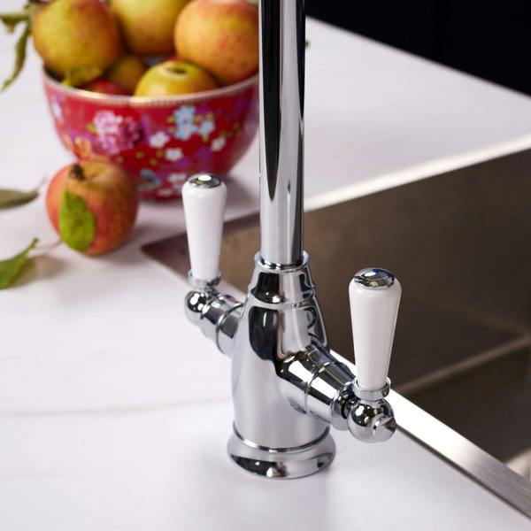 Flode Halden | Dual Lever Kitchen Sink Mixer Tap with Swivel Spout | Polished Chrome Finish