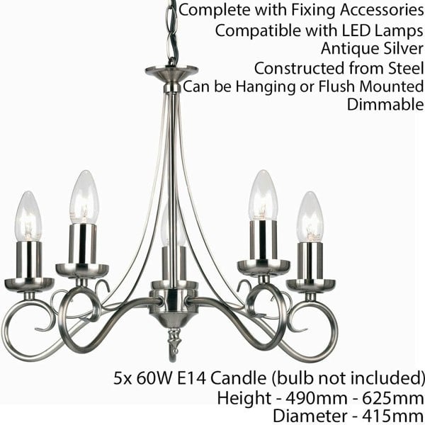 Hanging Flush Ceiling Pendant 5 Light ANTIQUE SILVER Chandelier Lamp Bulb Holder Loops