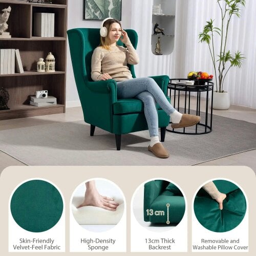 Wyld Haus Velvet Dark Green Wingback Accent Chair With High Back Pillow And Wooden Legs