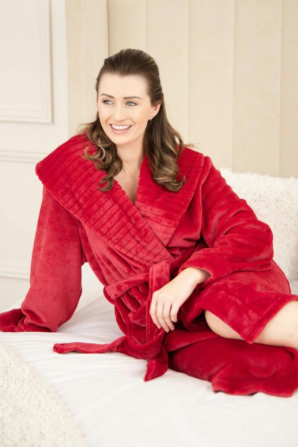 Camille Women's Supersoft Fleece Ribbed Collar Robe