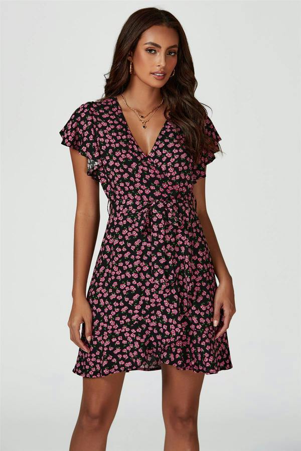 FS Collection Floral Print Wrap Top Dress In Black