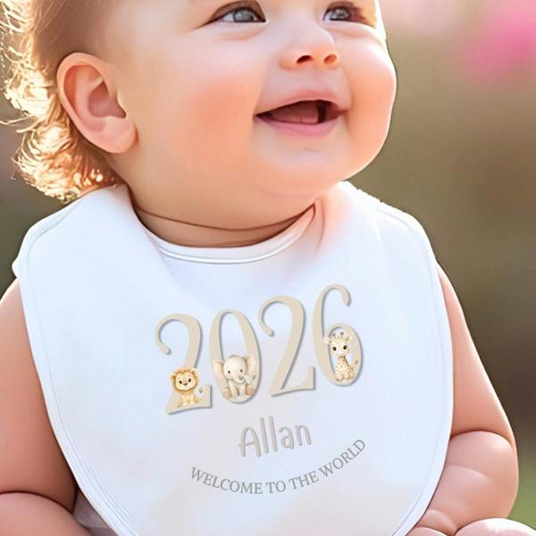 Personalised Taupe 2026 Welcome To The World Jungle Baby Grow, Vest or Bib with Name