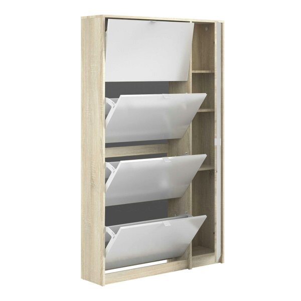 Wyld Haus Prague Natural Oak Effect Shoe Cabinet 4 Flip Down Doors Mirror Door