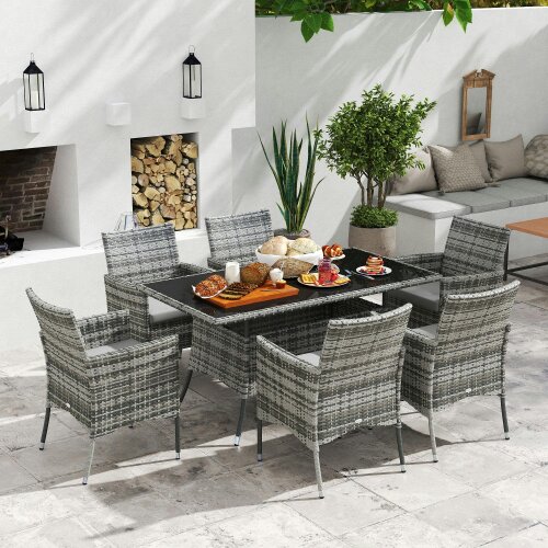 Wyld Haus Zila 6 Seater Rattan Grey Outdoor Dining Set With Cushioned Armchairs And Glass Table