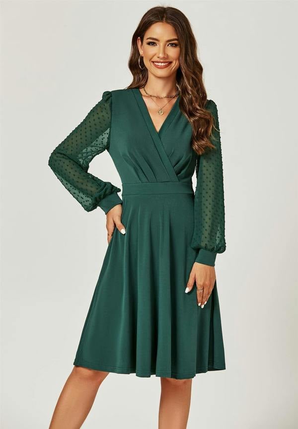 FS Collection Long Chiffon Sleeve Pleated Midi Dress In Dark Green