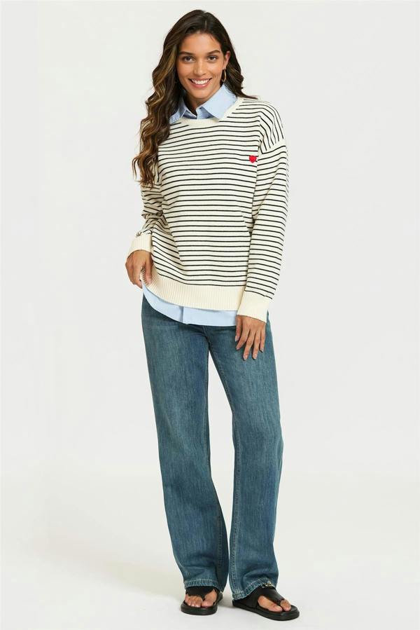 FS Collection Little Heart Embroidery Stripe Pattern Jumper Top In White