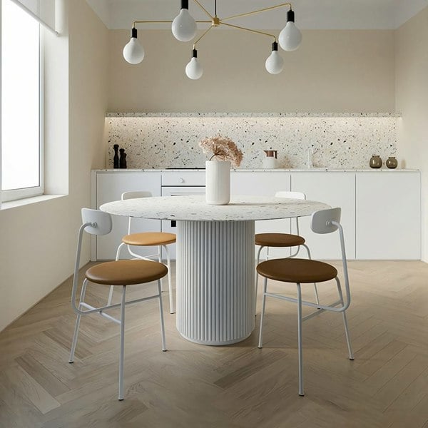Cracky White Round Dining Table, Premium Terrazzo And Wood Base-Weilai Concept-Weilai Concept