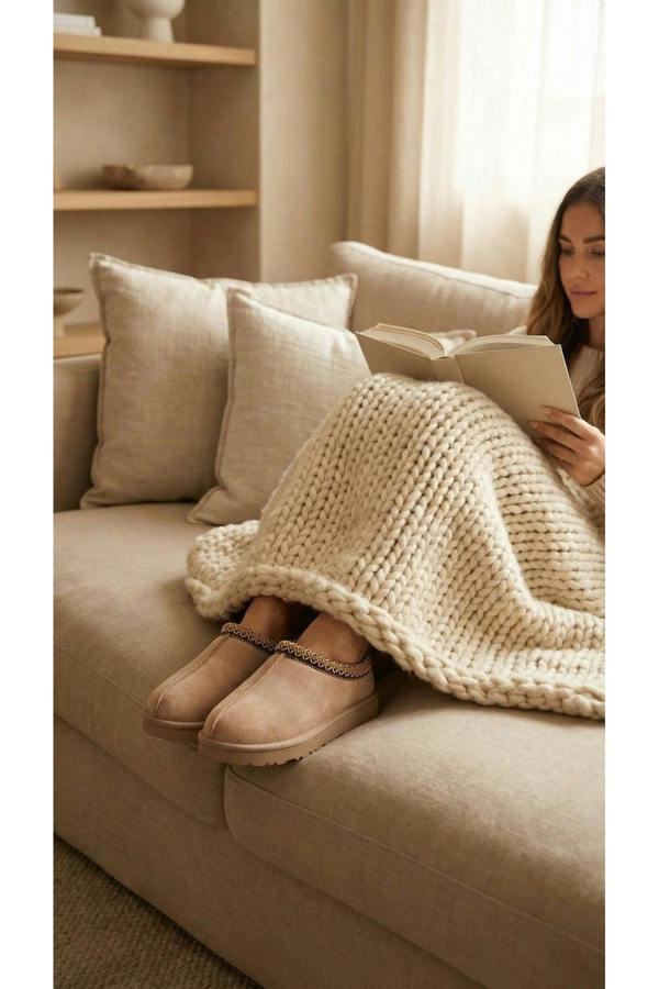 Ravina Chunky Slip On Suede Slippers With Stitch Detail - Camel