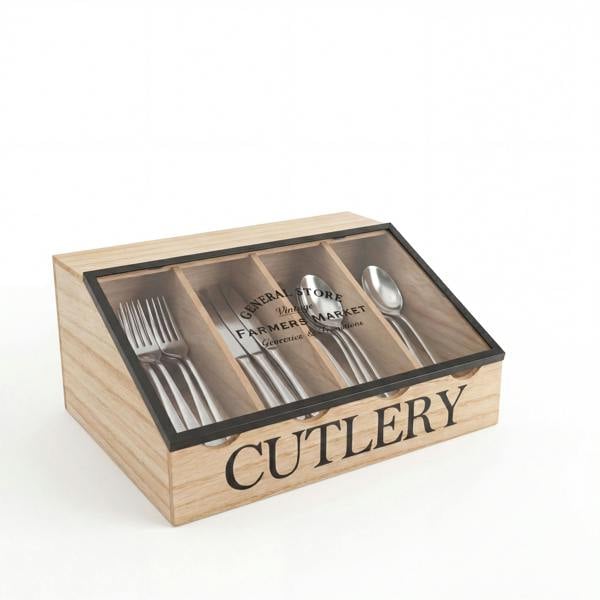 Wooden cutlery set with silverware inside on a white background
