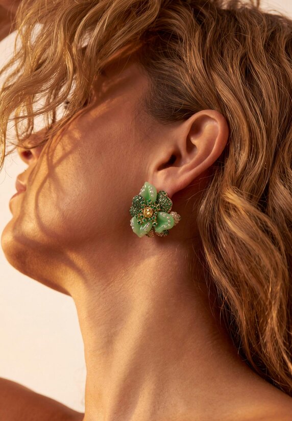 Latelita Jade Rose Flower Stud Earrings Gold