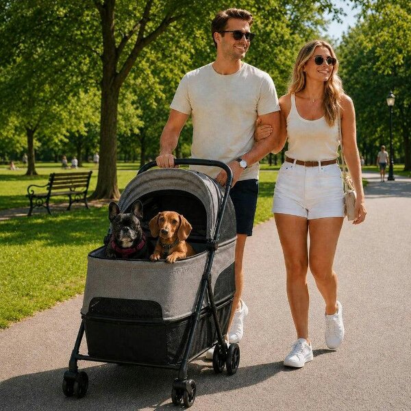 Pet Stroller, Foldable Dog Cat Stroller with Detachable Carrier, Wheels, Storage Basket, Secure Leash - Grey